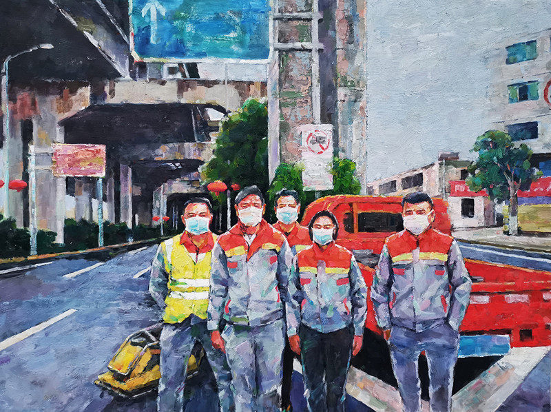 陈雄__油画__逆行者__道路抢修班