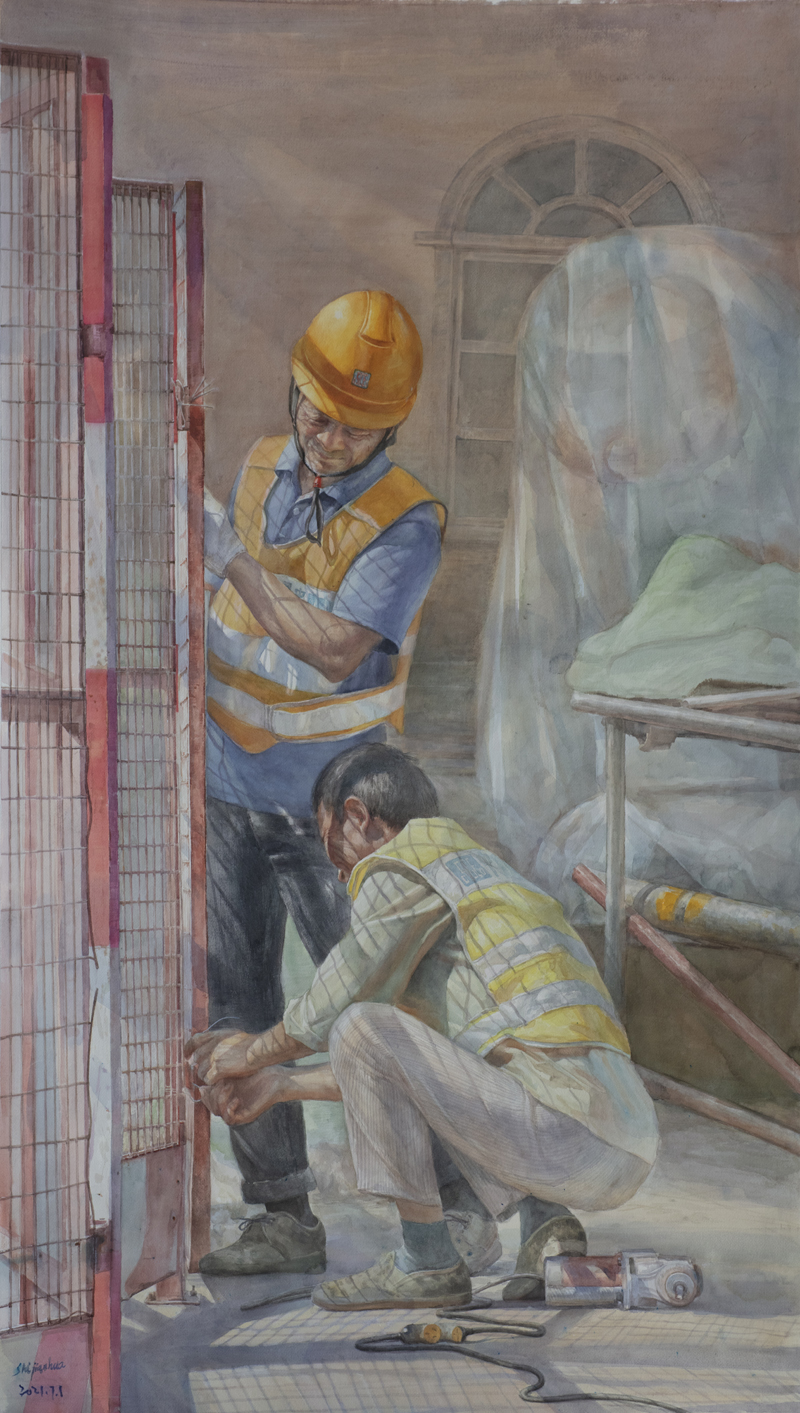 18、施剑华《建设自贸港的工人》83x147水彩.jpg